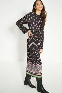 New Oasis Paisley Plisse Placement Midi Dress Black