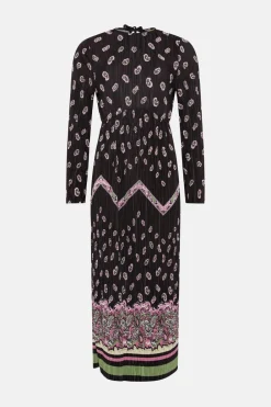 New Oasis Paisley Plisse Placement Midi Dress Black