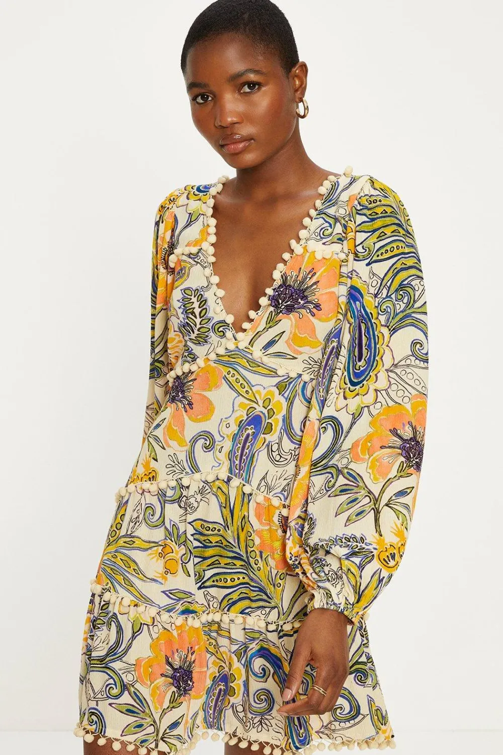 Best Oasis Paisley Pom Pom Tiered Mini Dress Orange