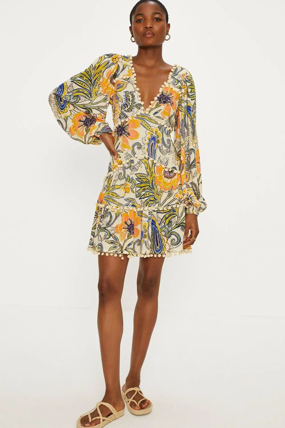 Best Oasis Paisley Pom Pom Tiered Mini Dress Orange