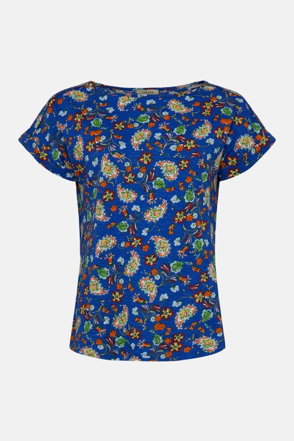 Outlet Oasis Paisley Print Cotton Slub Roll Sleeve T-Shirt Ivory