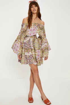 Best Oasis Paisley Print Crinkle Shirred Bardot Dress Multi