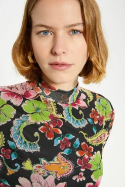 Outlet Oasis Paisley Printed Funnel Neck Mesh Top Black