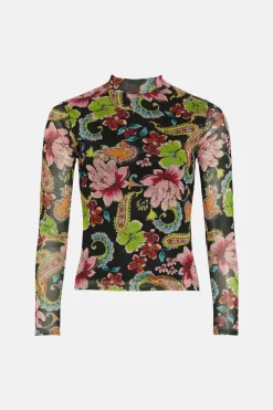 Outlet Oasis Paisley Printed Funnel Neck Mesh Top Black