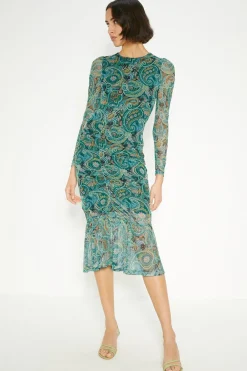 Sale Oasis Paisley Printed Gauged Front Midi Dress Multi