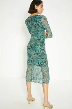 Sale Oasis Paisley Printed Gauged Front Midi Dress Multi