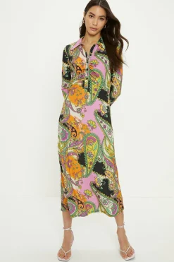 Hot Oasis Paisley Ruched Front Midi Shirt Dress Purple