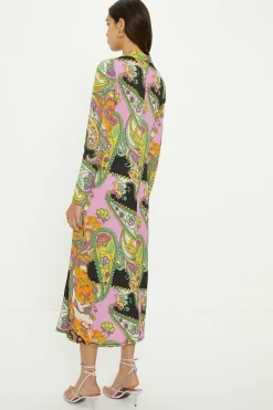 Hot Oasis Paisley Ruched Front Midi Shirt Dress Purple