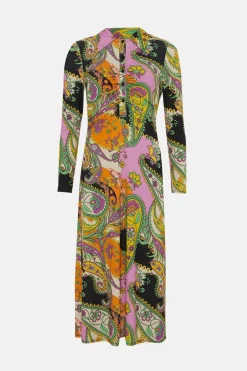Hot Oasis Paisley Ruched Front Midi Shirt Dress Purple