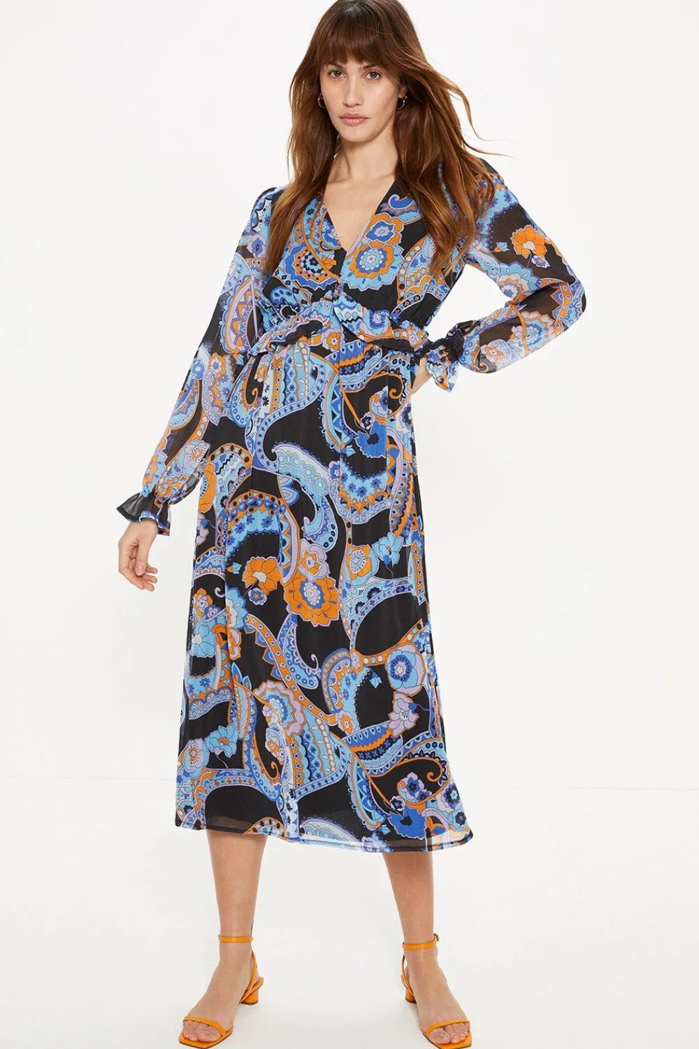 Clearance Oasis Paisley Ruffle Waist Midi Dress Multi