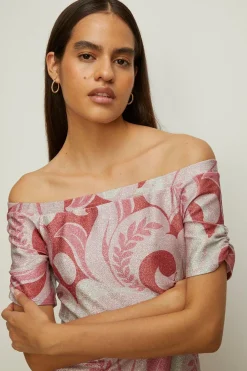 Clearance Oasis Paisley Shimmer Jersey Bardot Midi Dress Ivory