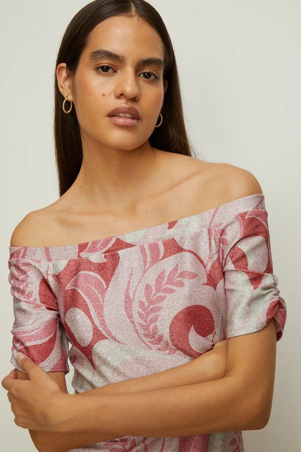 Clearance Oasis Paisley Shimmer Jersey Bardot Midi Dress Ivory