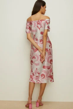 Clearance Oasis Paisley Shimmer Jersey Bardot Midi Dress Ivory