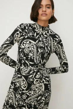 Hot Oasis Paisley Soft Touch Funnel Neck Midi Dress Blackwhite