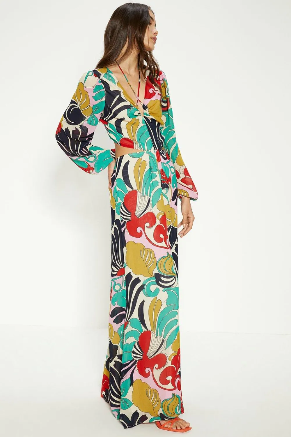 Discount Oasis Paisley Swirl Printed Tie Neck Wide Leg Jumpsuit Multi