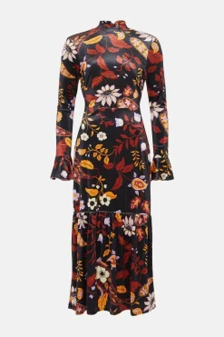 New Oasis Paisley Velvet Funnel Neck Tiered Midi Dress Multi