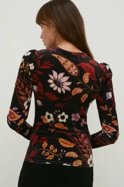 Clearance Oasis Paisley Velvet Ruched Front Top Multi