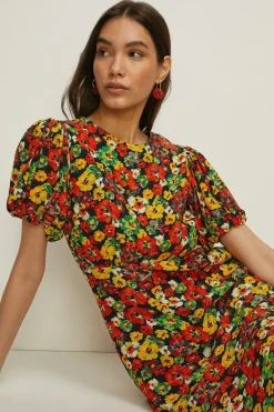 New Oasis Pansy Puff Sleeve Midi Dress Floral