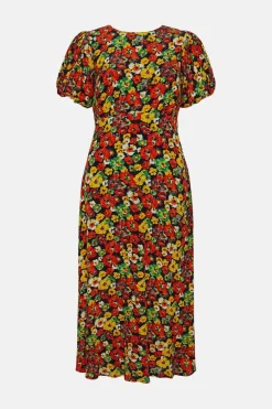 New Oasis Pansy Puff Sleeve Midi Dress Floral