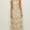Outlet Oasis Pastel Floral Halter Tiered Maxi Dress Off White