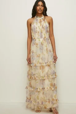 Outlet Oasis Pastel Floral Halter Tiered Maxi Dress Off White