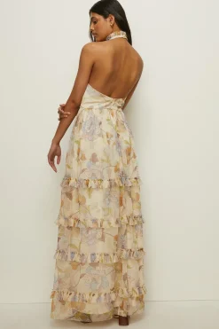 Outlet Oasis Pastel Floral Halter Tiered Maxi Dress Off White