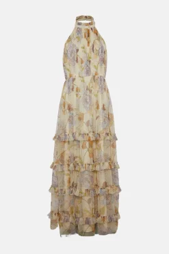 Outlet Oasis Pastel Floral Halter Tiered Maxi Dress Off White