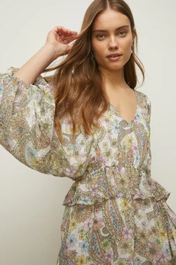 Clearance Oasis Pastel Paisley Dobby Chiffon Ruffle Midi Dres Multi