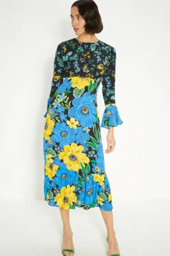 Hot Oasis Patch Print Bold Floral Midi Dress Multi