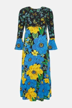 Hot Oasis Patch Print Bold Floral Midi Dress Multi