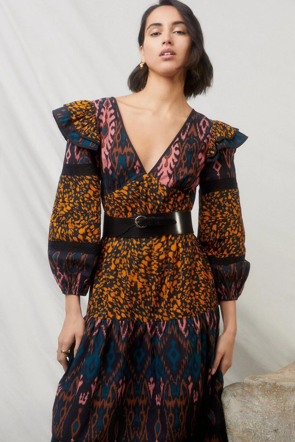 Sale Oasis Patched Aztec Ruffle Trim Detailed Midi Dress Animal