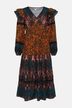Sale Oasis Patched Aztec Ruffle Trim Detailed Midi Dress Animal