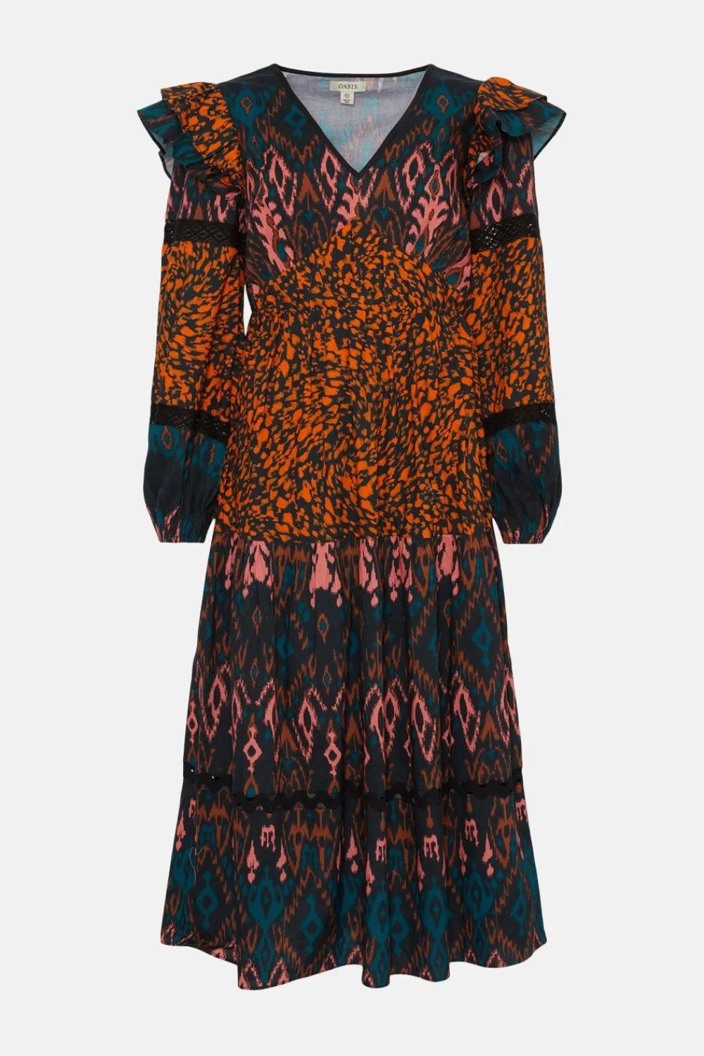 Sale Oasis Patched Aztec Ruffle Trim Detailed Midi Dress Animal