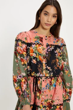 Hot Oasis Patched Cotton Poplin Trim Detail Belted Mini Dress Multi