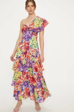 Clearance Oasis Patched Floral Asymmetric Ruffle Midi Dress Multi
