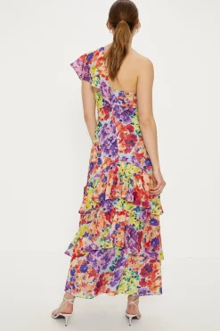 Clearance Oasis Patched Floral Asymmetric Ruffle Midi Dress Multi