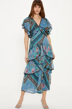Outlet Oasis Patched Paisley Trim Detailed Midi Dress Multi