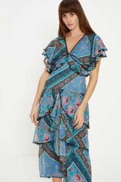 Outlet Oasis Patched Paisley Trim Detailed Midi Dress Multi