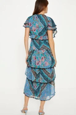Outlet Oasis Patched Paisley Trim Detailed Midi Dress Multi