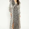 Best Oasis Patched Satin Ruffle Shoulder Midi Dress Animal