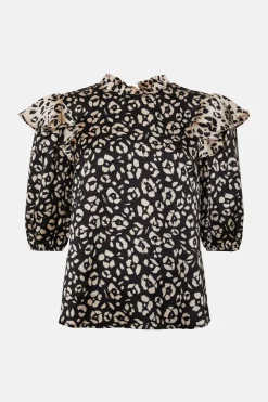 Online Oasis Patched Satin Ruffle Shoulder Blouse Animal