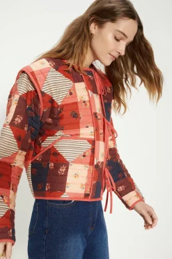 Online Oasis Patchwork Floral Quilted Tie Front Jacket Red