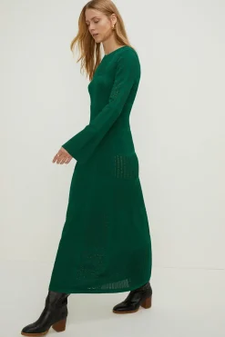 Fashion Oasis Patchwork Pointelle Frill Detail Knitted Maxi Dress Green