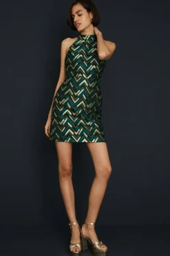 Hot Oasis Patterned Jacquard Halter Aline Dress Green