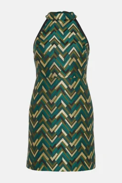 Hot Oasis Patterned Jacquard Halter Aline Dress Green