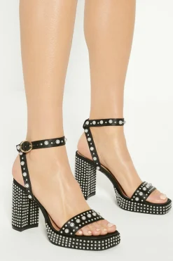 Hot Oasis Pearl Embellished Chunky Heel Sandals Black