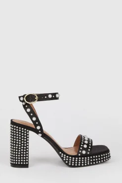 Hot Oasis Pearl Embellished Chunky Heel Sandals Black
