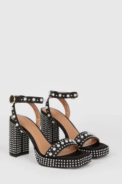Hot Oasis Pearl Embellished Chunky Heel Sandals Black