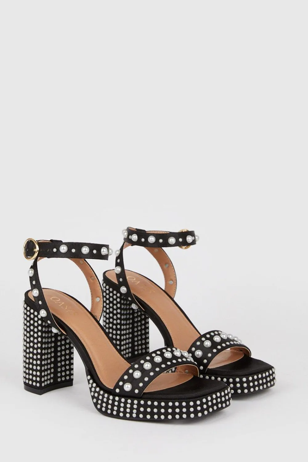 Hot Oasis Pearl Embellished Chunky Heel Sandals Black