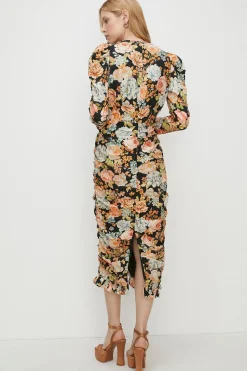 Outlet Oasis Petite Bold Floral All Over Ruched Midi Dress Black